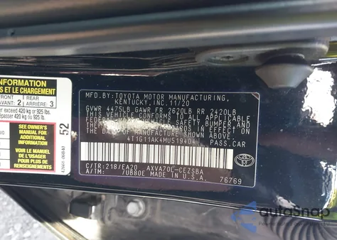 2021 Toyota Camry Se из США, поврежденный, VIN 4T1G11AK4MU519404